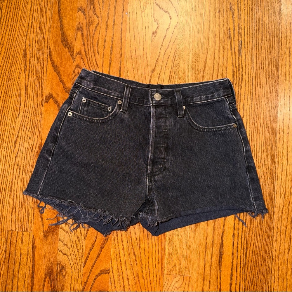 Denim Forum Black High-Rise Frayed Hem Jean Shorts